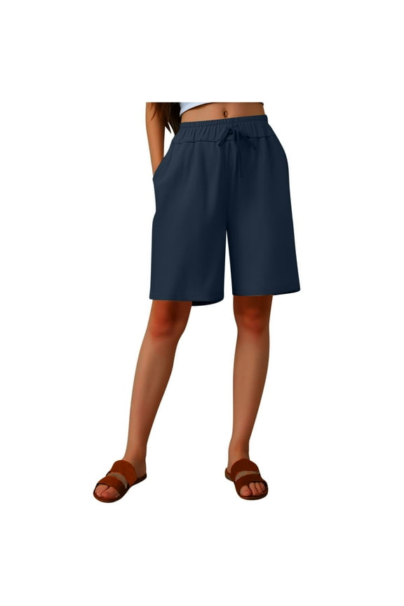 Women's Casual Linen Half Shorts Walking Exercise Bermuda Shorts Pull On Drawstring Shorts with Pockets