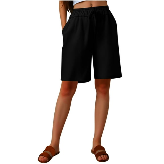 Hvot&aat Women's Casual Linen Half Shorts Walking Exercise Bermuda Shorts Pull On Drawstring Shorts with Pockets