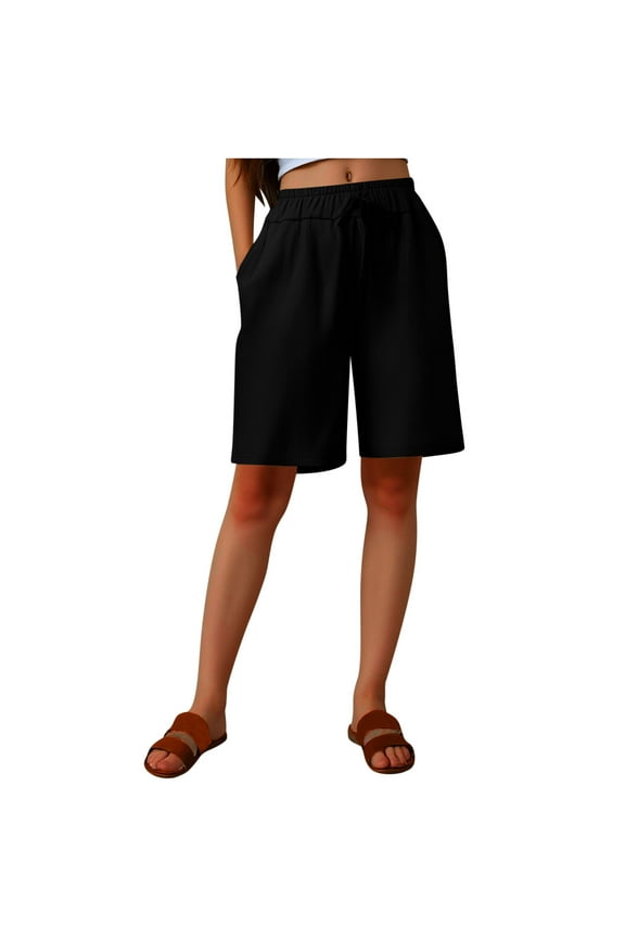 Women's Casual Linen Half Shorts Walking Exercise Bermuda Shorts Pull On Drawstring Shorts with Pockets