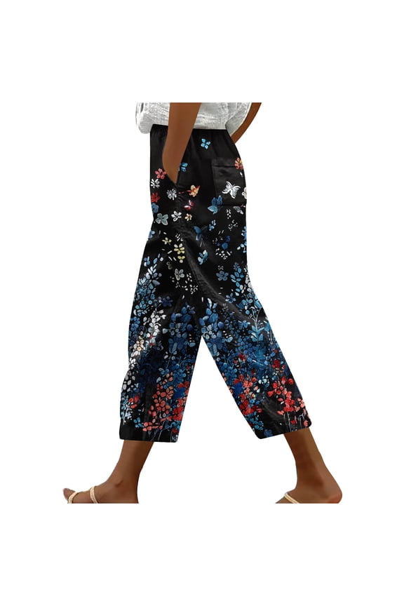 Women's Casual Loose Straight Pants with Pockets Floral Printed Fashionable Cropped Pants Elastic High Waist Trousers