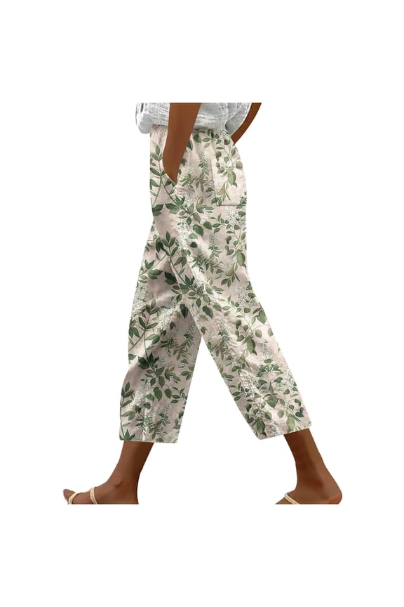 Women's Casual Loose Straight Pants with Pockets Floral Printed Fashionable Cropped Pants Elastic High Waist Trousers