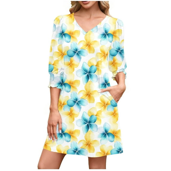 Hvot&aat Women's Casual Mini Dress 3/4 Elastic Cuffs Loose V Neck Swing Dresses with Pockets