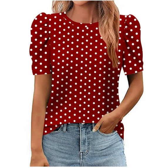 Hvot&aat Women's Casual Polka Dots T-Shirt Summer Crew Neck Puff Sleeve Tops Loose Fit Everyday Blouse