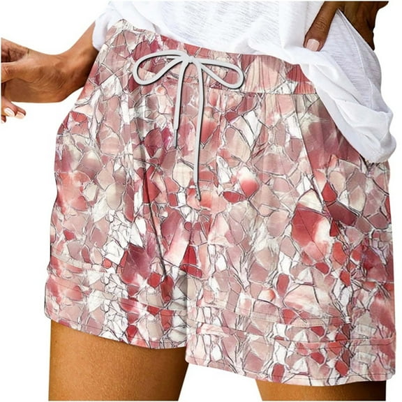 Hvot&aat Women's Casual Printed Shorts Comfy Elastic Waist Drawstring Short Lightweight Loose Fit Mini Shorts