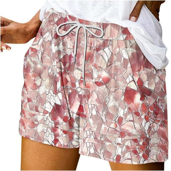Hvot&aat Women's Casual Printed Shorts Comfy Elastic Waist Drawstring Short Lightweight Loose Fit Mini Shorts