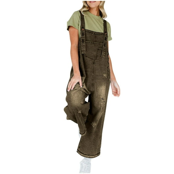 Hvot&aat Women’s Casual Rompers Loose Adjustable Strap Denim Bib Overall Jeans Distressed Wide Leg Jumpsuit
