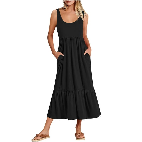 Hvot&aat Women's Casual Sleeveless Crewneck Sundress A-line Ruffles Flowy Tiered Maxi Long Beach Dress Vacation Outfits