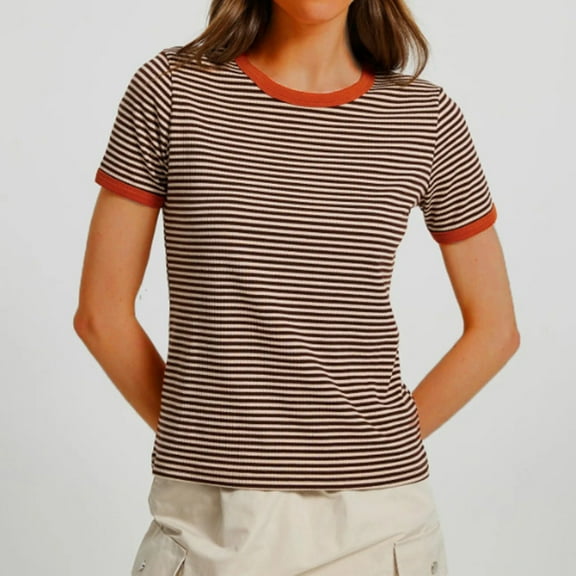 Hvot&aat Women's Casual Striped Spring Summer Tops Crew Neck Short Sleeve Slim Fit T-Shirt Basic Clothes