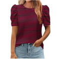 thumbnail image 1 of Hvot&aat Women's Casual Striped T-Shirt Crew Neck Puff Sleeve Summer Tops Loose Fit Everyday Blouse, 1 of 4