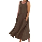 HVOT&AAT Women's Casual Summer Dress Sleeveless And Linen Long Dress Flowy Spliced Solid Color Sundress With Pockets