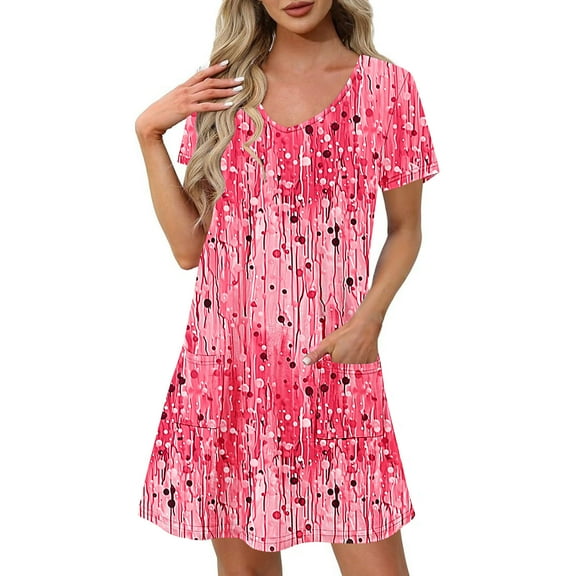 Hvot&aat Women's Casual Sundress Summer Print V-neck Short Sleeve Dress with Pockets Flowy Beach Swing Sundress
