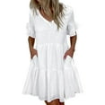 thumbnail image 1 of Hvot&aat Women's Casual Tiered Dress V Neck Ruffle Dress Pleated Ruffle Swing Mini Dress A-Line Short Sleeve Dresses, 1 of 7