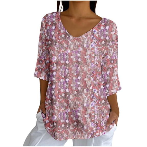 Hvot&aat Women's Casual V Neck 3/4 Bell Sleeve T Shirts Summer Lightweight Loose Print Blouse Beach Vacation Tops