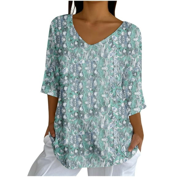 Hvot&aat Women's Casual V Neck 3/4 Bell Sleeve T Shirts Summer Lightweight Loose Print Blouse Beach Vacation Tops