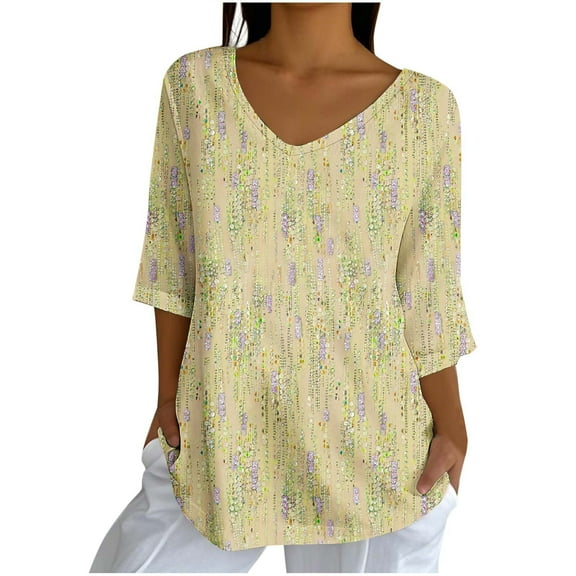 Hvot&aat Women's Casual V Neck 3/4 Bell Sleeve T Shirts Summer Lightweight Loose Print Blouse Beach Vacation Tops