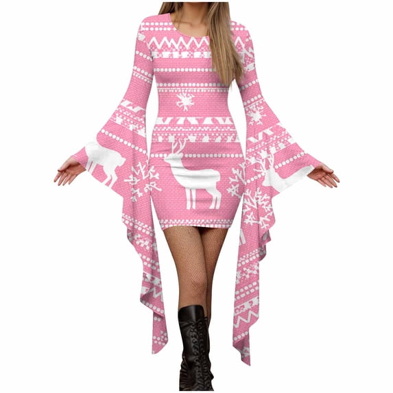 Hvot&aat Women's Christmas Dress Batwing Long Sleeve Round Neck Hip Skirt Vintage Holiday Party Dress