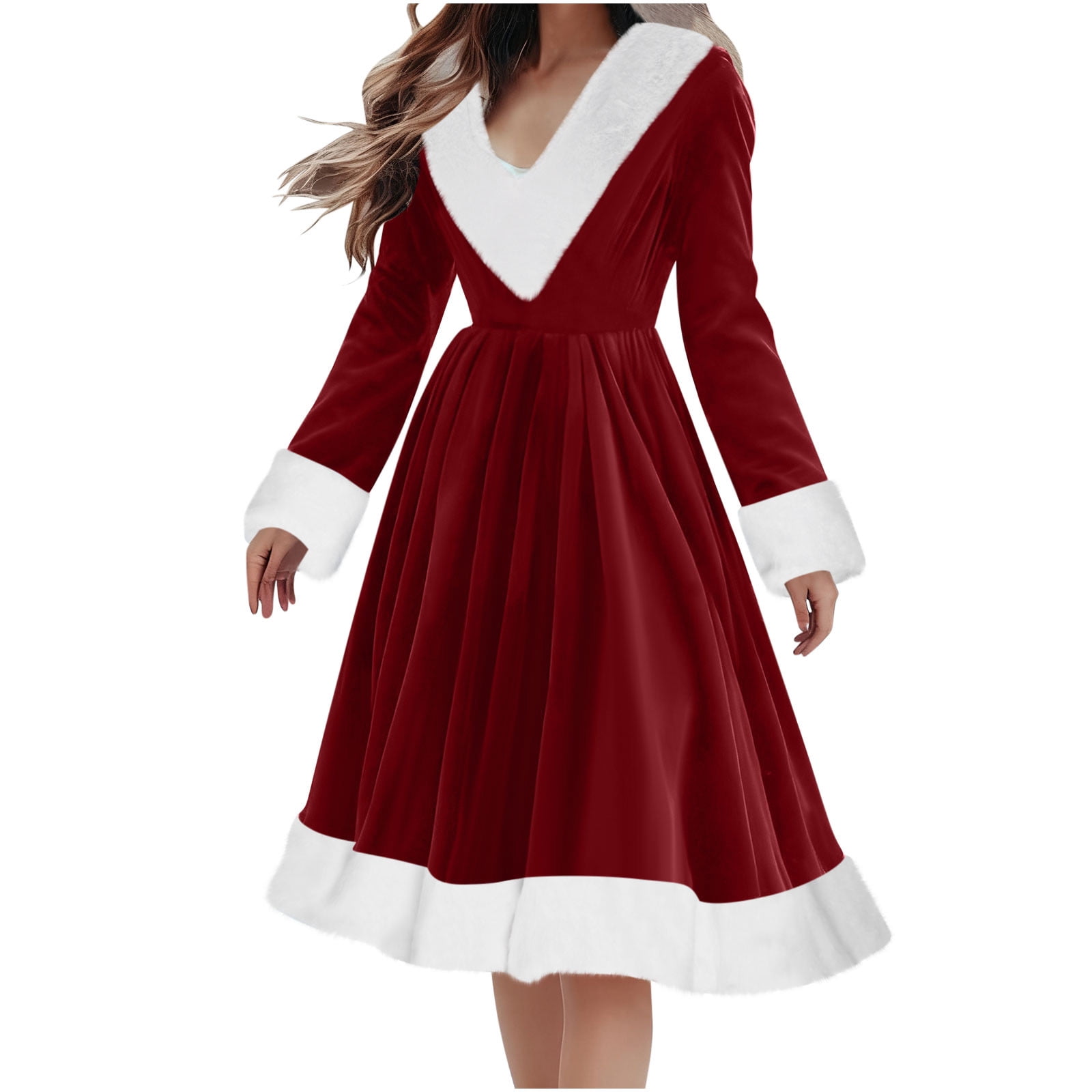 Hvot&aat Women's Christmas Dress Fur Trim V Neck A Line Swing Dress — free download