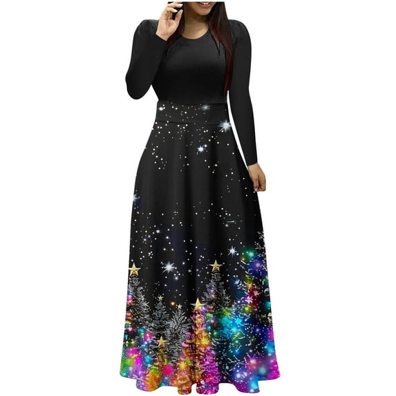 Hvot&aat Women's Christmas Dress Xmas Print Casual Long Sleeve Wrap Crewneck Dresses Patchwork Flowy Maxi Dress