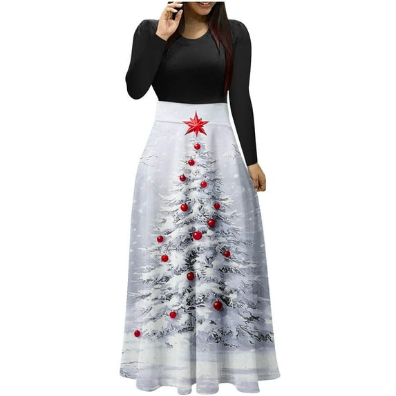 Hvot&aat Women's Christmas Dress Xmas Print Casual Long Sleeve Wrap Crewneck Dresses Patchwork Flowy Maxi Dress