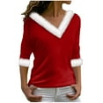 thumbnail image 1 of Hvot&aat Women's Christmas Holiday Tops Faux Fur Collar V Neck Shirts Xmas 3/4 Sleeve Pullover Loose Solid Color Blouses, 1 of 3