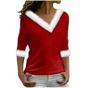 HVOT&AAT Women's Christmas Holiday Tops Faux Fur Collar V Neck Shirts Xmas 3/4 Sleeve Pullover Loose Solid Color Blouses