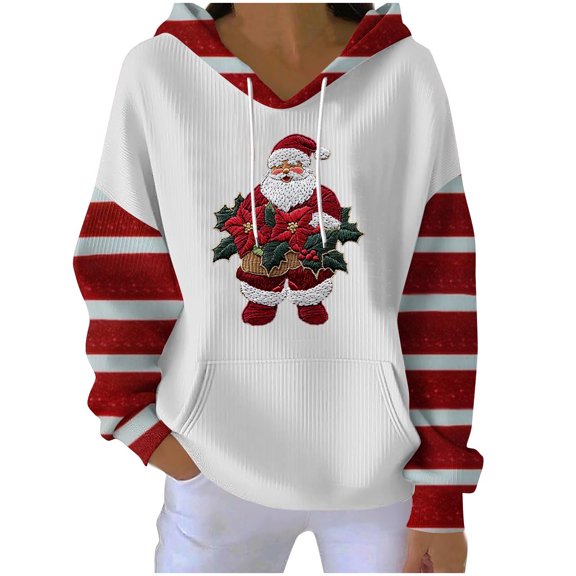 Hvot&aat Women’s Christmas Hooded Striped Long Sleeves Ribbing Embroidery Pullover Basics Crewneck Sweatshirt