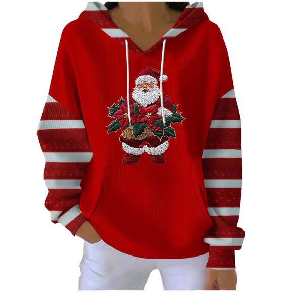 Hvot&aat Women’s Christmas Hooded Striped Long Sleeves Ribbing Embroidery Pullover Basics Crewneck Sweatshirt