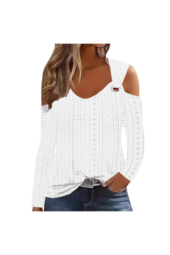 Women's Cold Shoulder Long Sleeve Eyelet Top, Casual V-Neck Blouse, Loose Fit Perforated Knit Shirt, Trendy Spring Fall Tunic