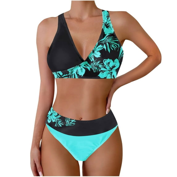 Hvot&aat Women's Color Block Print Bikini Sets Twist Front Two Piece Backless Halter Swimsuit
