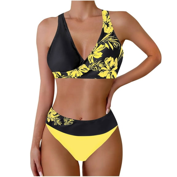 Hvot&aat Women's Color Block Print Bikini Sets Twist Front Two Piece Backless Halter Swimsuit