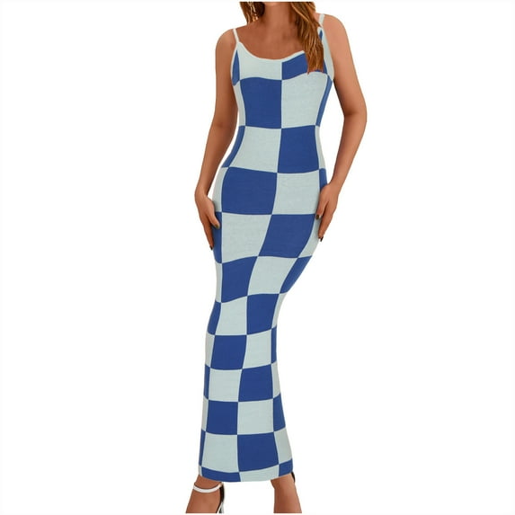 Hvot&aat Women's Color Block Print Dress Sexy Bodycon Sling Dresses Sleeveless Spaghetti Straps Long Dress