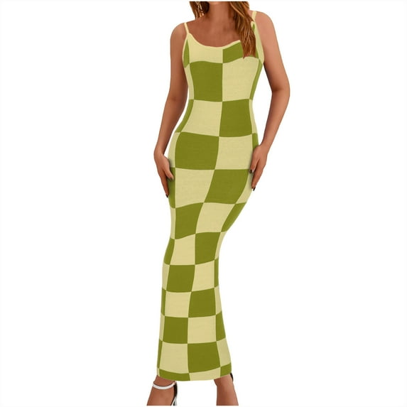 Hvot&aat Women's Color Block Print Dress Sexy Bodycon Sling Dresses Sleeveless Spaghetti Straps Long Dress