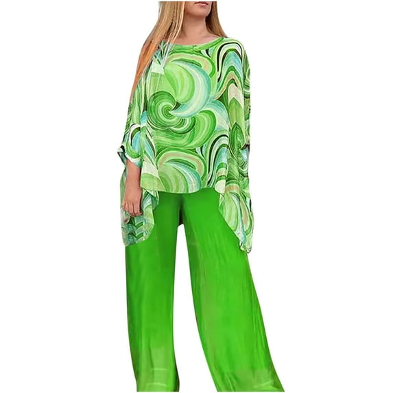 Hvot&aat Women’s Colorful Tie Dye Printed 2 Piece Set Chiffon Wedding Guest Dressy Suit Long Sleeve Shirts and Wide Leg Pant Suit