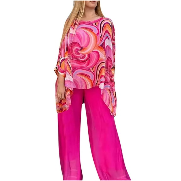 Hvot&aat Women’s Colorful Tie Dye Printed 2 Piece Set Chiffon Wedding Guest Dressy Suit Long Sleeve Shirts and Wide Leg Pant Suit