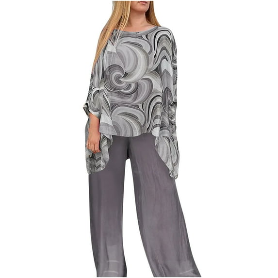 Hvot&aat Women’s Colorful Tie Dye Printed 2 Piece Set Chiffon Wedding Guest Dressy Suit Long Sleeve Shirts and Wide Leg Pant Suit