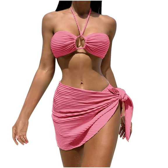 Hvot&aat Women's Comfortable And Fashionable Split 3 Piece Swimsuit Set Solid Color Knitted Tie Side Swimwear with Cover Up