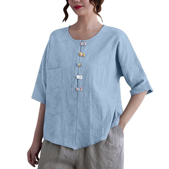 Hvot&aat Women's Cotton And Linen Tops Crew Neck Half-Sleeve Loose Fit Summer T Shirt Lightweight Blouse