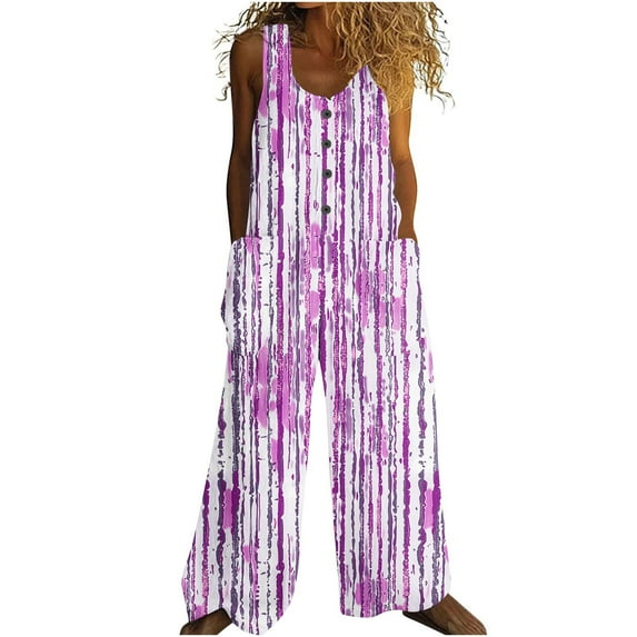 Hvot&aat Women's Cotton Linen Ombre Jumpsuits Button Down Sleeveless Casual Jumpers Loose Wide Legs Overalls