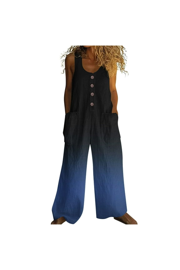 Women's Cotton Linen Ombre Jumpsuits Button Down Sleeveless Casual Jumpers Loose Wide Legs Overalls
