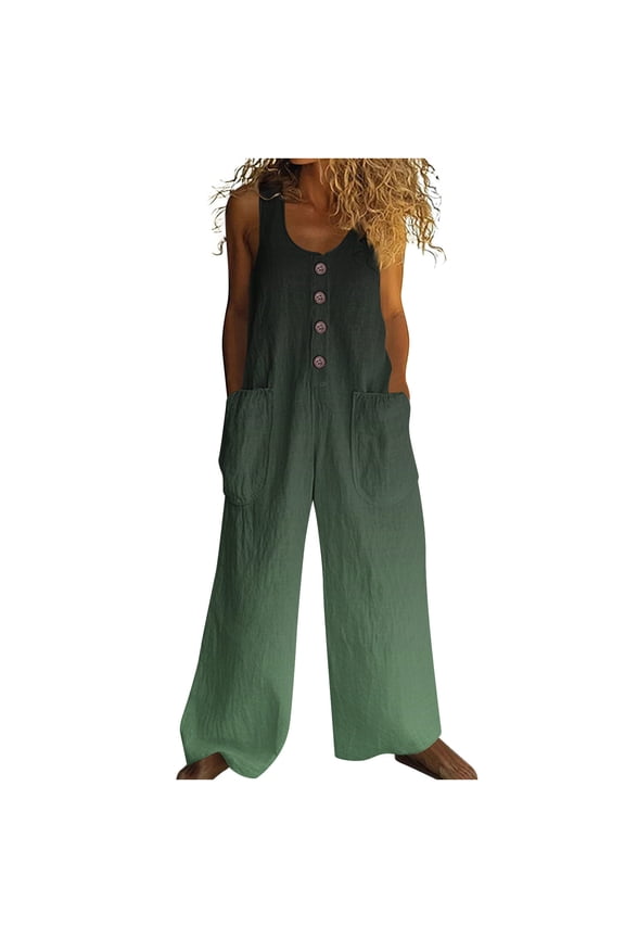 Women's Cotton Linen Ombre Jumpsuits Button Down Sleeveless Casual Jumpers Loose Wide Legs Overalls