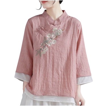 Camicia Donna Ricamata Cinese - Colletto Mandarino - Floreale Nero - Cotone Elegante Retro - Foto 2