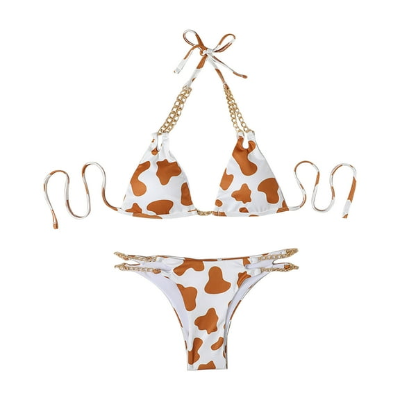 Hvot&aat Women's Cow Print Halter Metal Chain Strap Bikini Sets Split Style Sexy Swimsuit Two Piece Lace Up Bikini