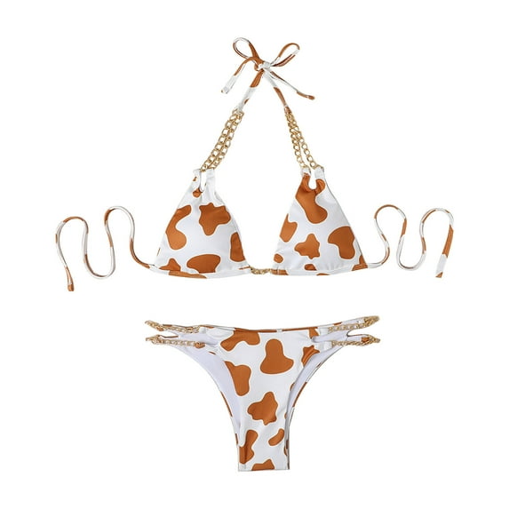 Hvot&aat Women's Cow Print Halter Metal Chain Strap Bikini Sets Split Style Sexy Swimsuit Two Piece Lace Up Bikini