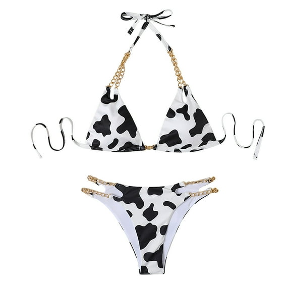 Hvot&aat Women's Cow Print Halter Metal Chain Strap Bikini Sets Split Style Sexy Swimsuit Two Piece Lace Up Bikini