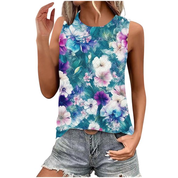 Hvot&aat Women's Crewneck Sleeveless Shirts Summer Breathable Eyelet Casual Blouse Loose Fit Tank Tops