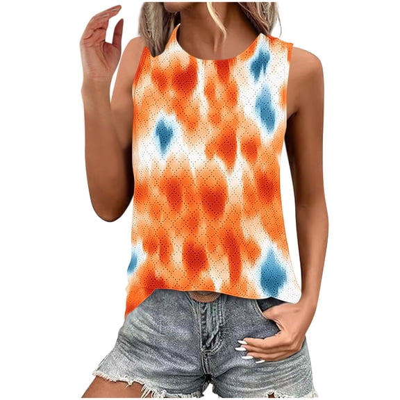 Hvot&aat Women's Crewneck Sleeveless Shirts Summer Breathable Eyelet Casual Blouse Loose Fit Tank Tops