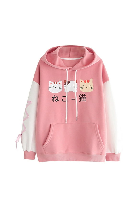 Women's Cute Cat Graphic Hoodies Drawstring Long Sleeve Sweatshirts Kawaii Cartoon Anime Pullover Tops with Pockets