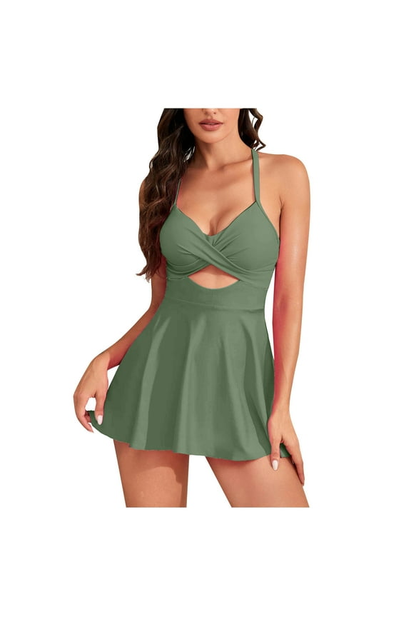 Women's Cutout One Piece Skirt Swimsuit V Neck Halter Crisscross Tie Back Swimwear Tummy Control Bathing Suits