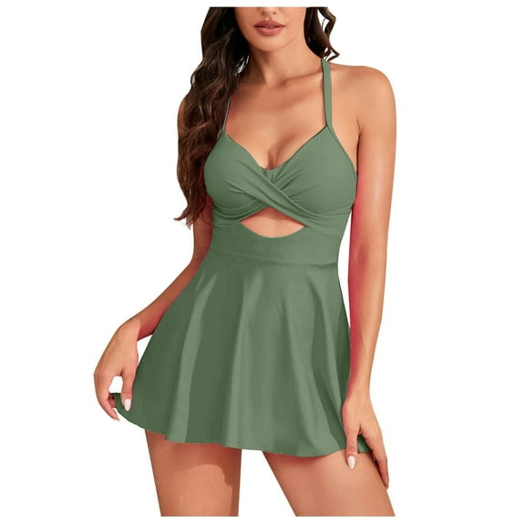 Hvot&aat Women's Cutout One Piece Skirt Swimsuit V Neck Halter Crisscross Tie Back Swimwear Tummy Control Bathing Suits