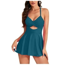 Hvot&aat Women's Cutout One Piece Skirt Swimsuit V Neck Halter Crisscross Tie Back Swimwear Tummy Control Bathing Suits